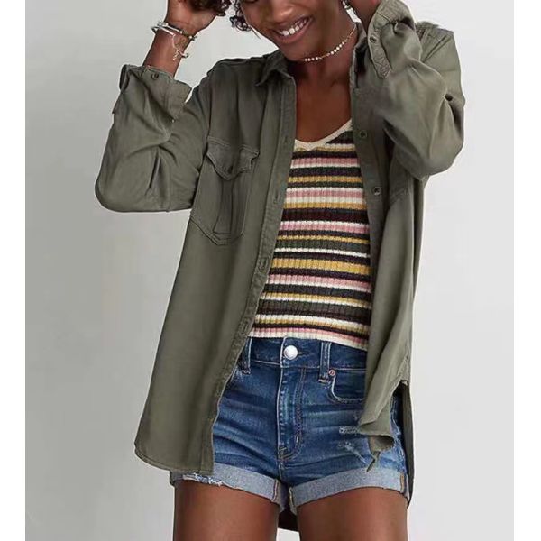 Olive 100% Tencel Ladies Long Sleeves Shirts Washed Soft Touch
