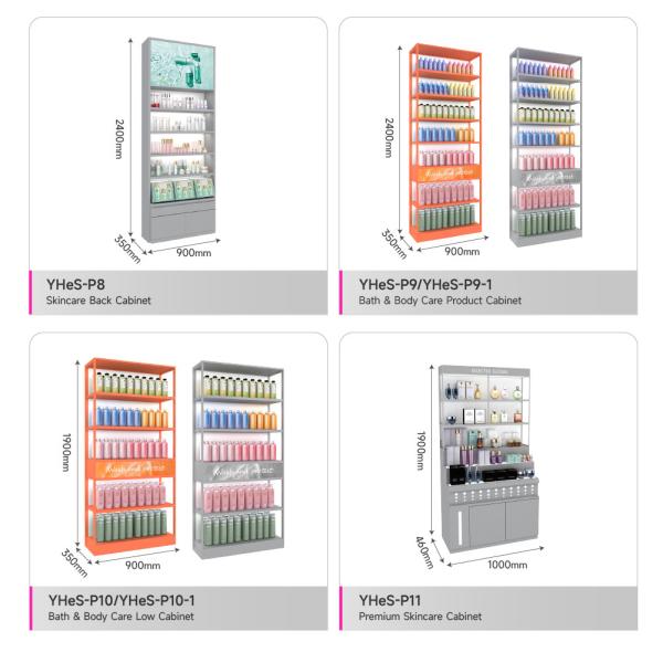 Gray Multi-layer Wood Corner Rack Skincare Display Showcase For Cosmetic Shop Decoration And Beauty Store Design