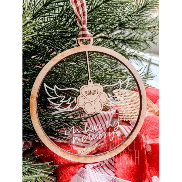 Birch Wood Engraved Pet Memorial Ornament Bauble With Glitter Ribbon