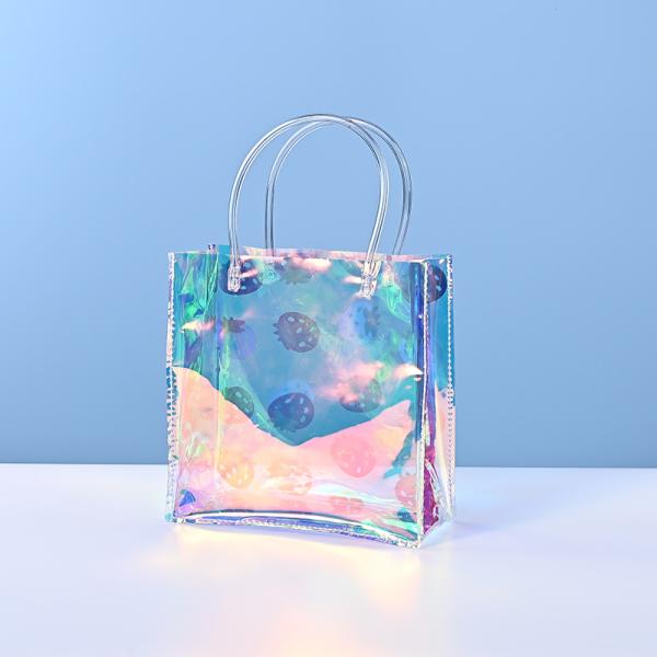 Custom Logo Eco-Friendly Recycle Iridescent Hologram Colorful Pvc Plastic Beach Bag TPU Handle Holographic Tote Shopping Bag