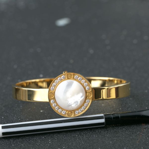 Stainless Steel Bracelet with White Shell, Diamond Cuff Bangle, Silver , gold color women bangle