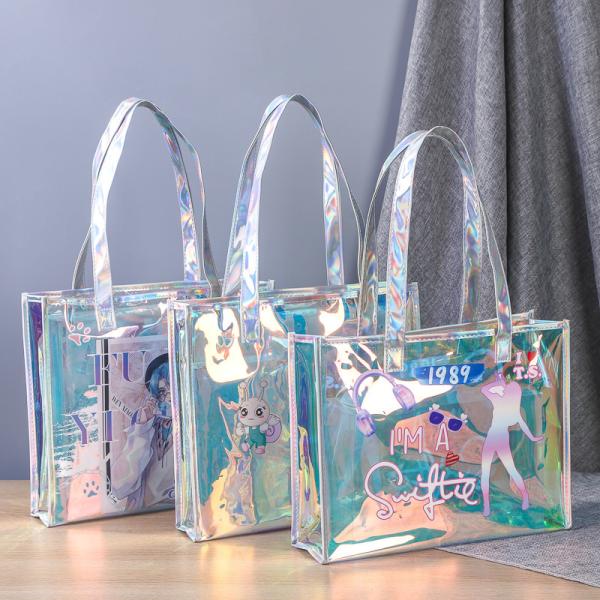 Shiny Plastic Shopping PVC Bag Laser Transparent Holographic Iridescent Womens Beach Fashion Tote Bag With Custom Printed Logo