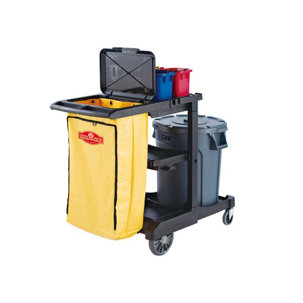 Черная пластиковая тележка чистки с 3 полками и желтой сумкой 4