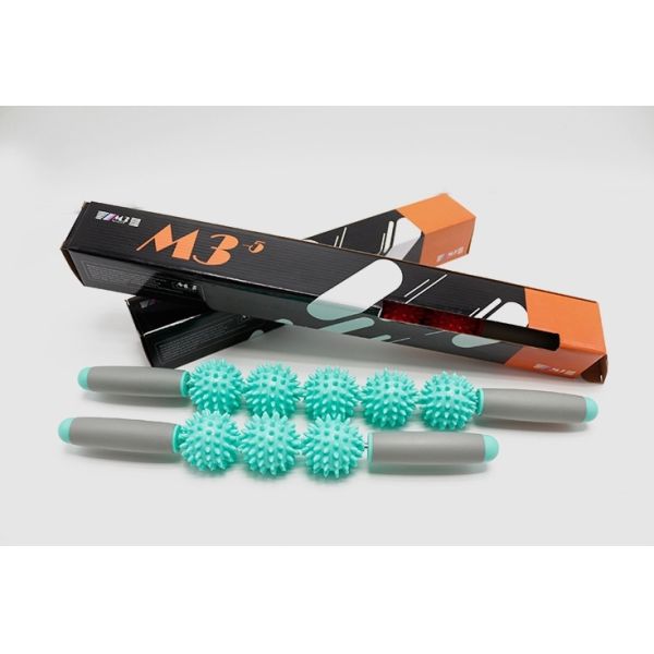 Light Blue 54cm Slipfree Massage Roller Ball Stick 3 Ball Eco Friendly PP Material