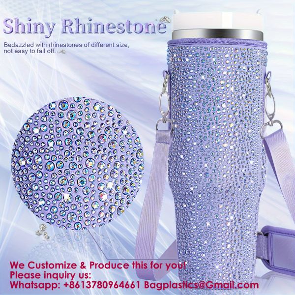 RhineStone Decoration Acessories, Tumbler With Handle,Pink Insulated Neoprene Cup Holder Pouch W/Adjustable Strap For Quencher H2.0 Stanley Cup Accessories