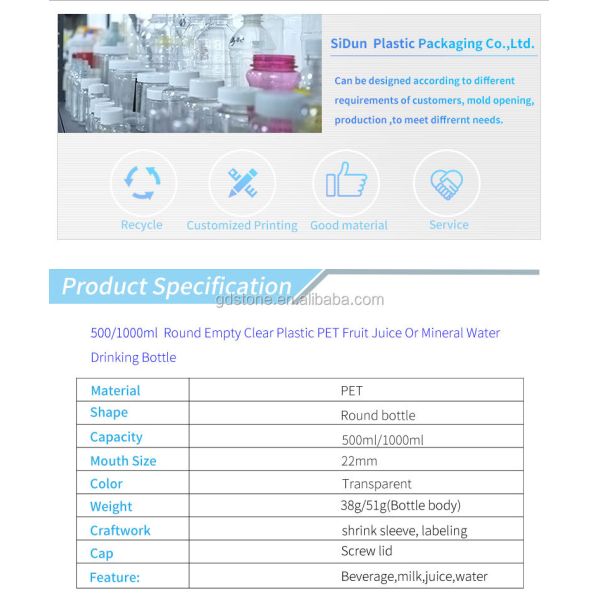 Shrink Sleeve 1000ml 500ml PET Screw Top Plastic Bottle 38g 51g