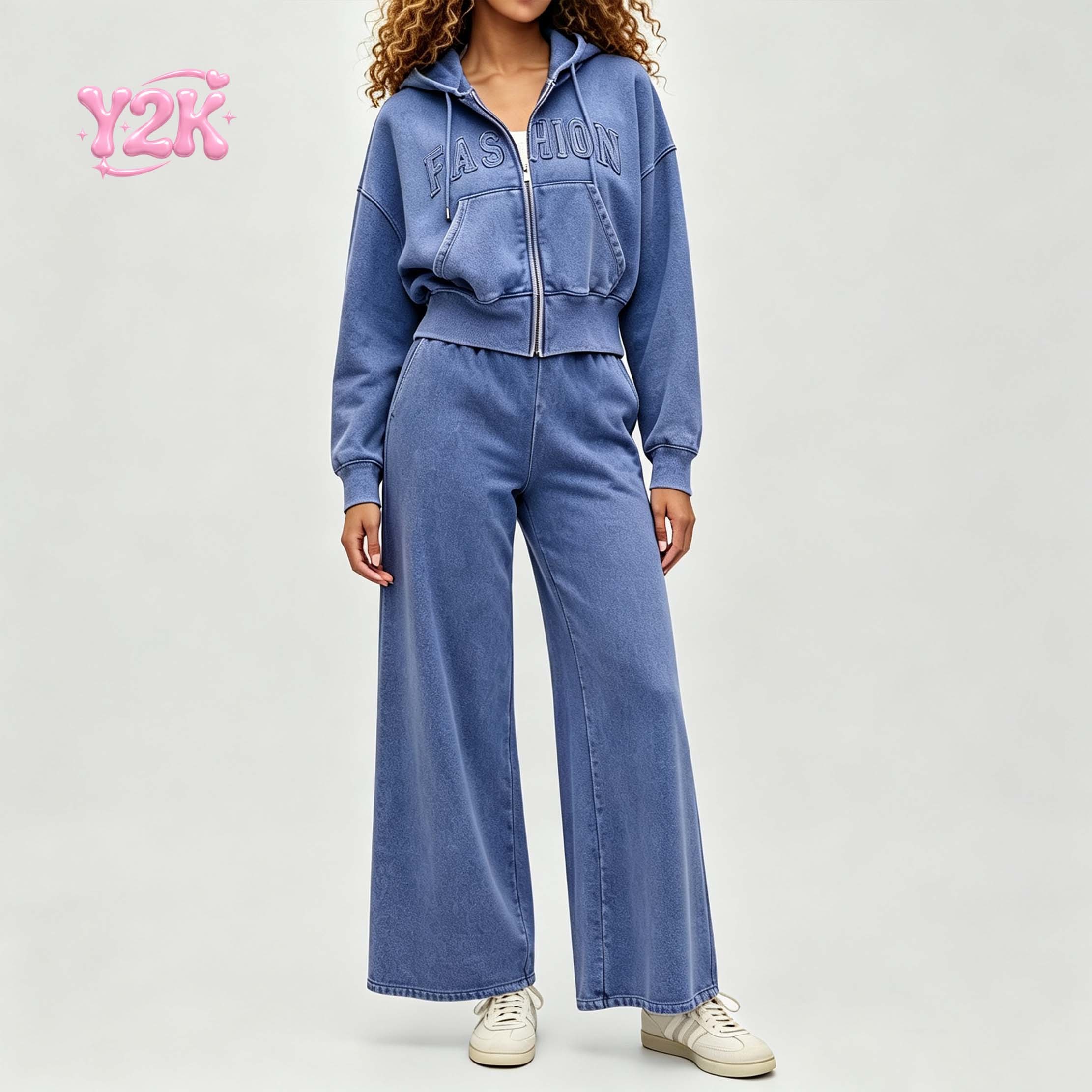 Custom Women's Washed Zip Hoodie Wide Leg Sweatpants Set