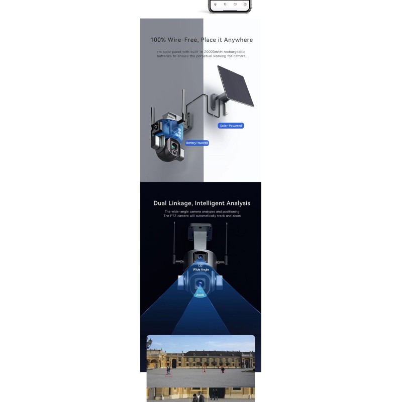 4K Dual Screen HD Solar Power Camera Wifi 10X Optical Zoom IP Camera PTZ CCTV Outdoor Camera with Night Vision