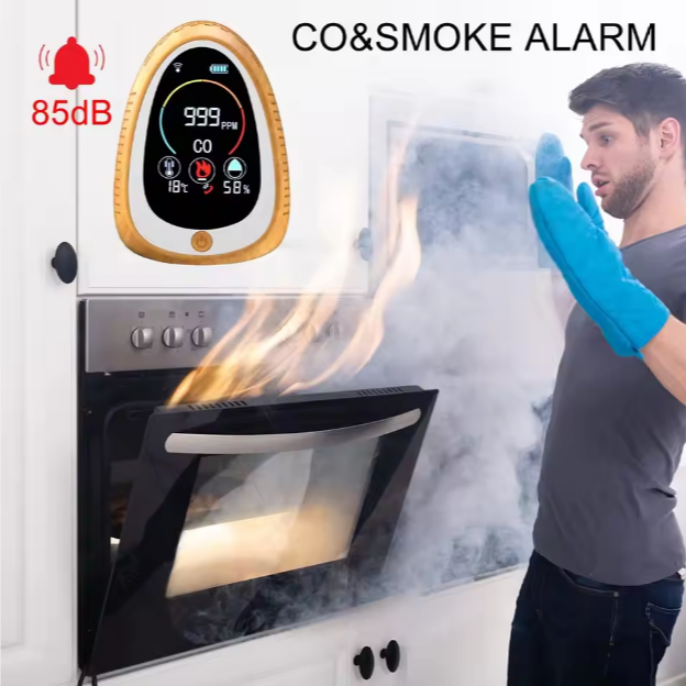 Portable Carbon Monoxide & Smoke Alarm Detector Indoor Air Quality Monitor with LCD Display, 85dB Alarm