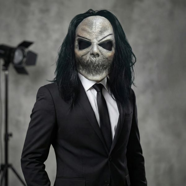 Realistic Sinister Ghoul Mask with Black Wig - Gory Jaw, Blackout Eyes - Halloween, Horror, Zombie Cosplay Costumes, Spooky Display
