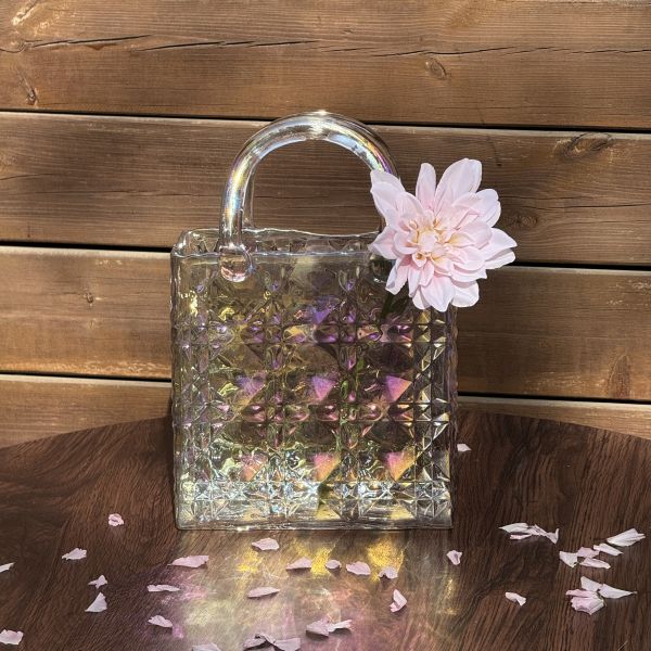 Hand-Blown Diamond Pattern Glass Handbag Vase - Versatile Decorative Centerpiece for Home & Wedding Decor
