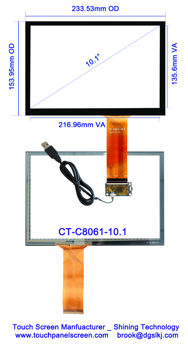 экран касания 10,1 дюймов емкостный с интерфейсом USB - CT-C8061 USB 2,0 PCAP экран касания 10,1 дюймов емкостный для дисплеев открытой рамки промышленных