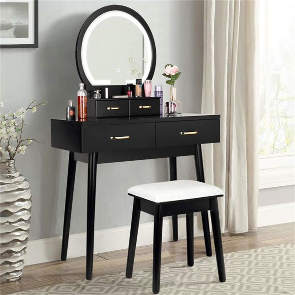 Black MDF Wood 140cm Height Makeup Dresser With Lighted Mirror