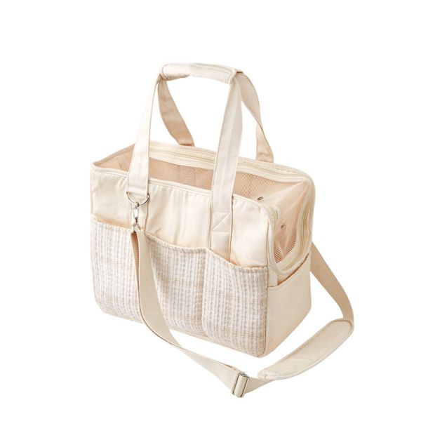 Bolso de viaje de lona beige para gatitos de 38*18*30CM, adorables accesorios para mascotas, bandolera con colección de tela suave