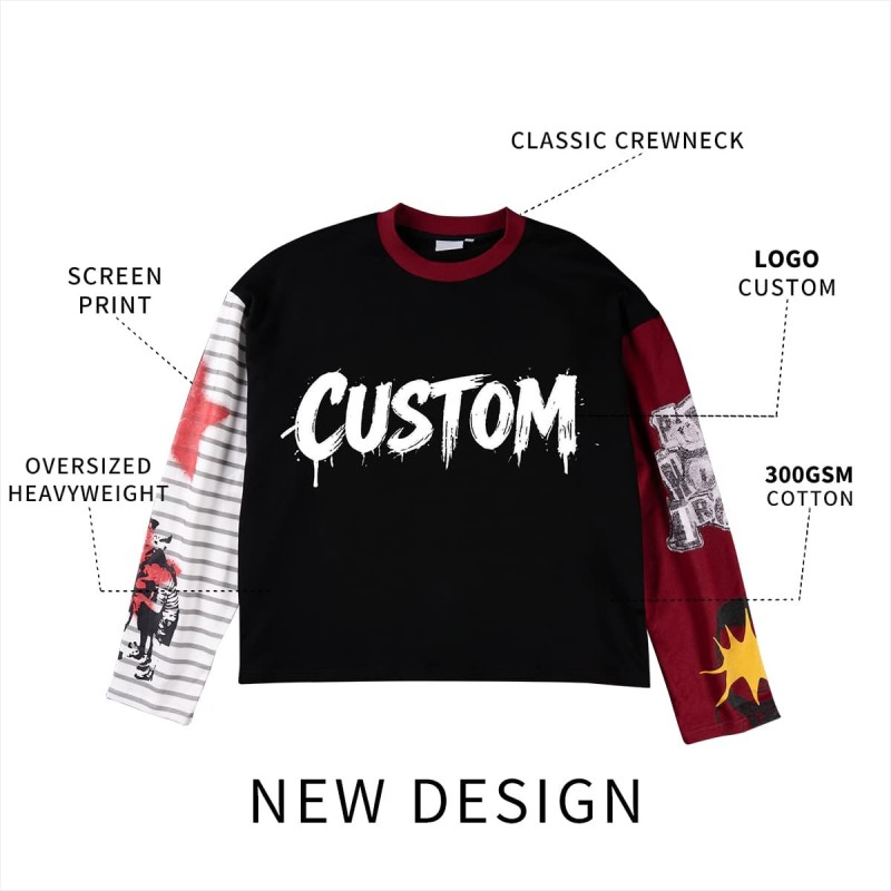 Custom Oversized Cut and Sew Screen Print Long Sleeve T Shirt
