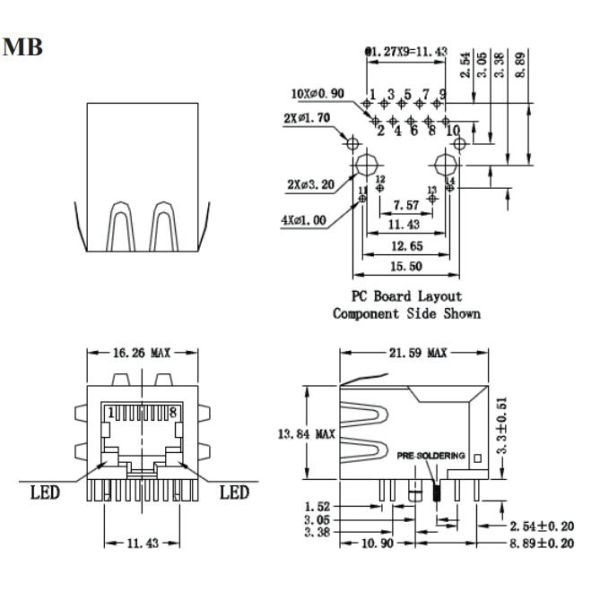 ARJ11E-MBSC-A-B-GL2 PCB Mounting RJ45 Modular Jack Tab-Down W/LED EMI Fingers