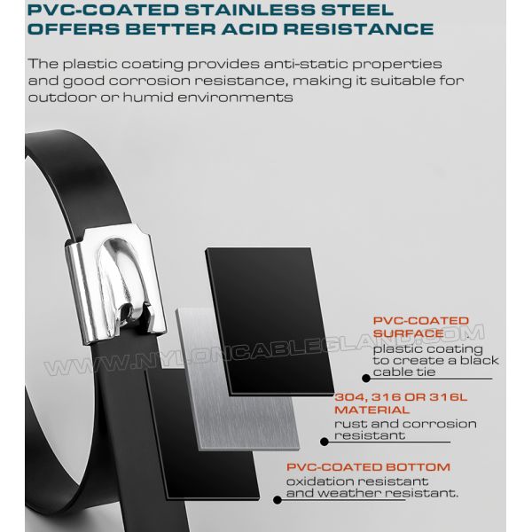 PVC Coated Metal (Stainless Steel) Cable Ties, Version 316L, 316 or 304, L: 200~1100mm x W: 16mm, 200 Lbs, Outdoor Use