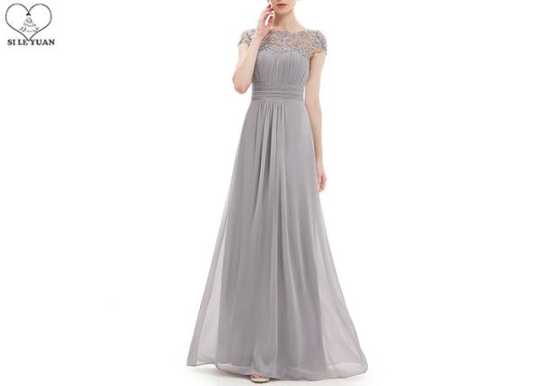 Gray Wedding Bridesmaid Dresses Short Sleeve Floor Length Lace And Pleating