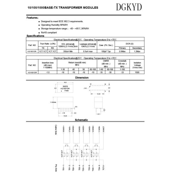 Оборудование трансформатора локальных сетей ПОГРУЖЕНИЯ Lan сети Magnetics таможни KG1801DR 18PIN 1000BASE-TX 1000M