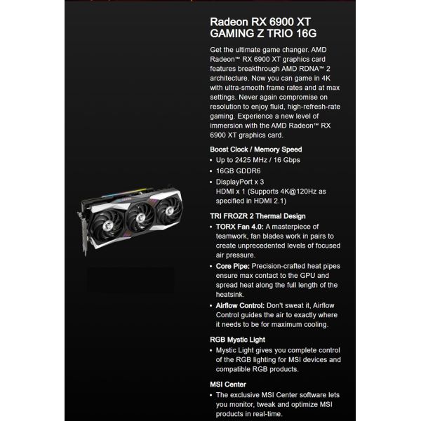 MSI RX 6900XT GPU Graphic Card AMD GDDR6 OC 256 Bit