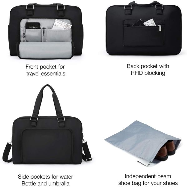 Black Durable Waterproof Weekender Overnight Bag Carry On Travel Bag With Shoe Bag