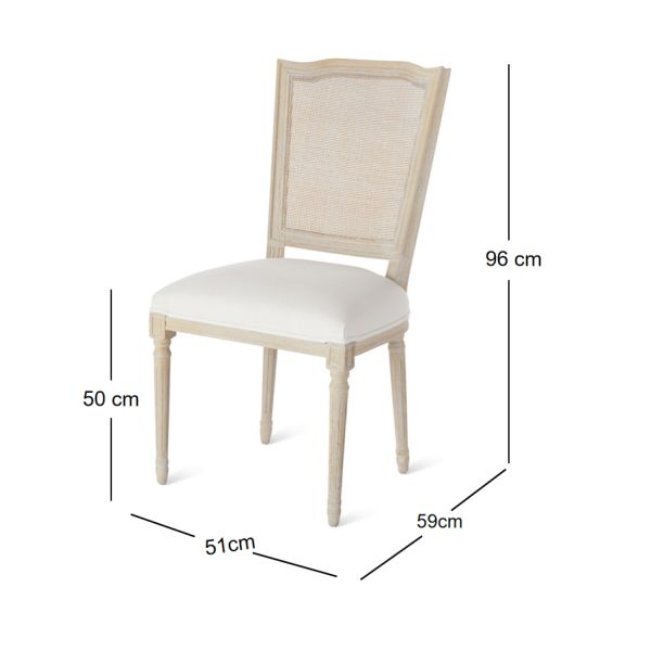 French-Style Dining Chair with Carved Details, Natural Rattan Back, and Linen Upholstered Seat