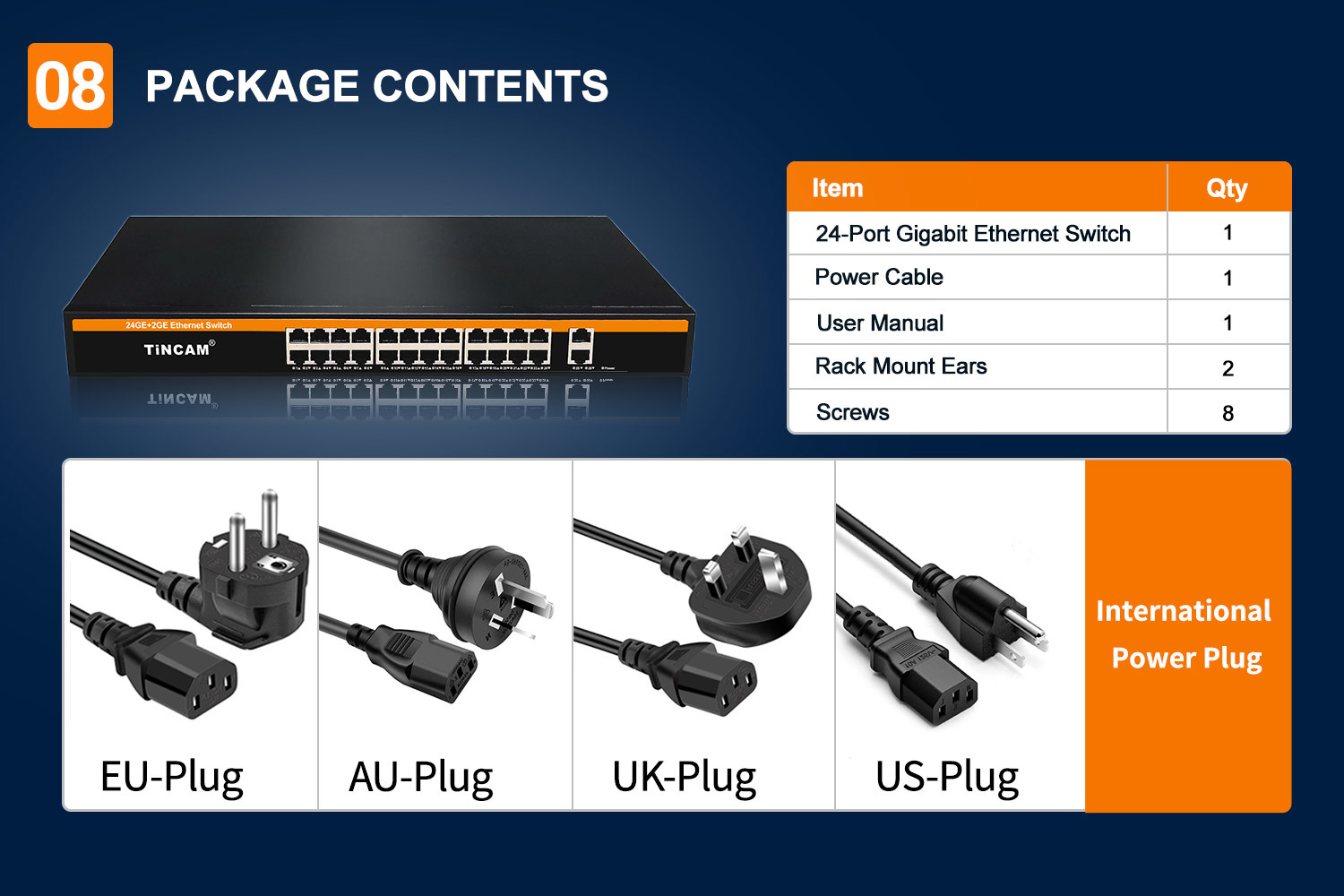 26 Port Gigabit Ethernet Switch 24 x Gigabit RJ45 Ports + 2 x Gigabit Uplink Ports 1U Rack Mount Unmanaged Network Switch TBC-S5024U-2G