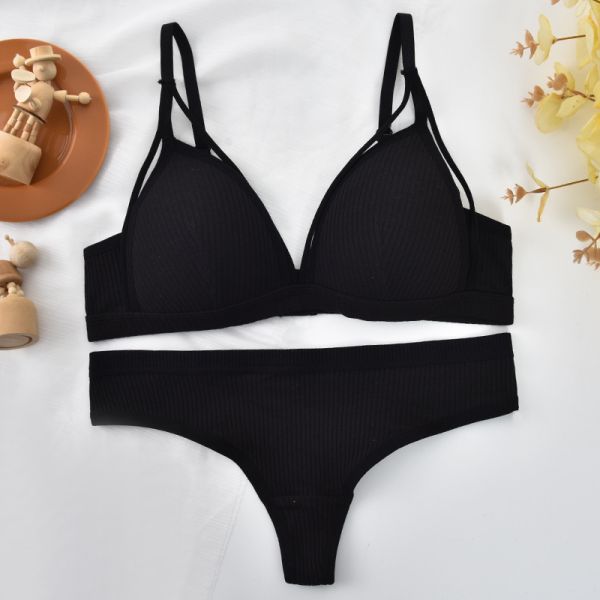 Wholesale High Quality New Fashion Bra With Thong Panty Set Cotton Quality Breathable Wire-Free Pad Adjusted Straps Bra