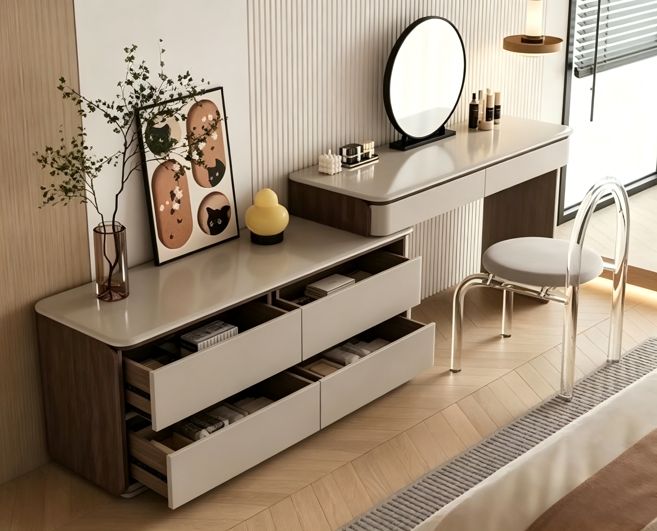 Modern Walnut Accent Vanity Dresser Combo LED Makeup Vanity