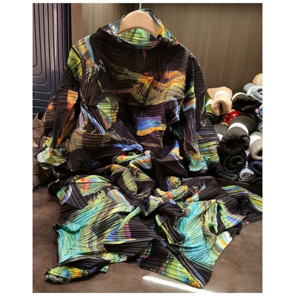 Casual Printed Dress High-End Waist Lace-Up Pleated Long Skirt for Spring European American Cross-Border New