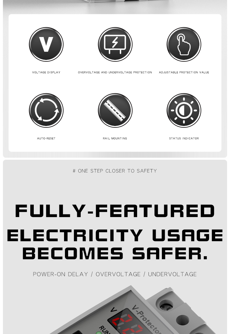 ZS1-V-63a single-display over/under voltage protector, adjustable self-resetting current-limiting protector, overcurrent 43A, overvoltage 220V