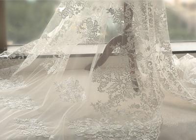 White Tulle Corded Bridal Stretch Lace Fabric , Floral Embroidered Wedding Dress Lace Fabric