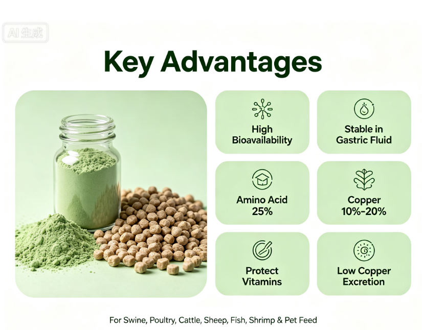 Amino Acid Chelated Copper Feed Additive, Organic Chelated Trace Mineral, Amino Acid 25%, Copper 10%-20% for Livestock, Poultry & Aquaculture