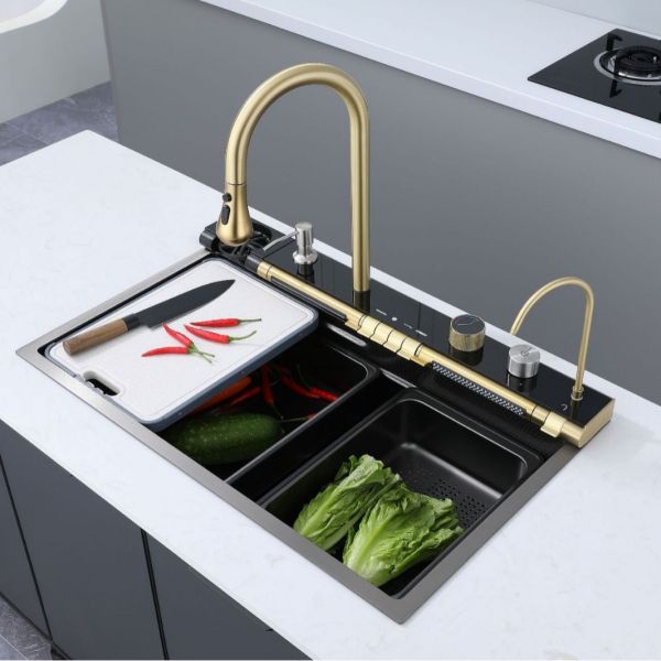 Digital Display Stainless Steel Kitchen Sink with Nano Honeycomb and Multifunctional Waterfall Rainfall