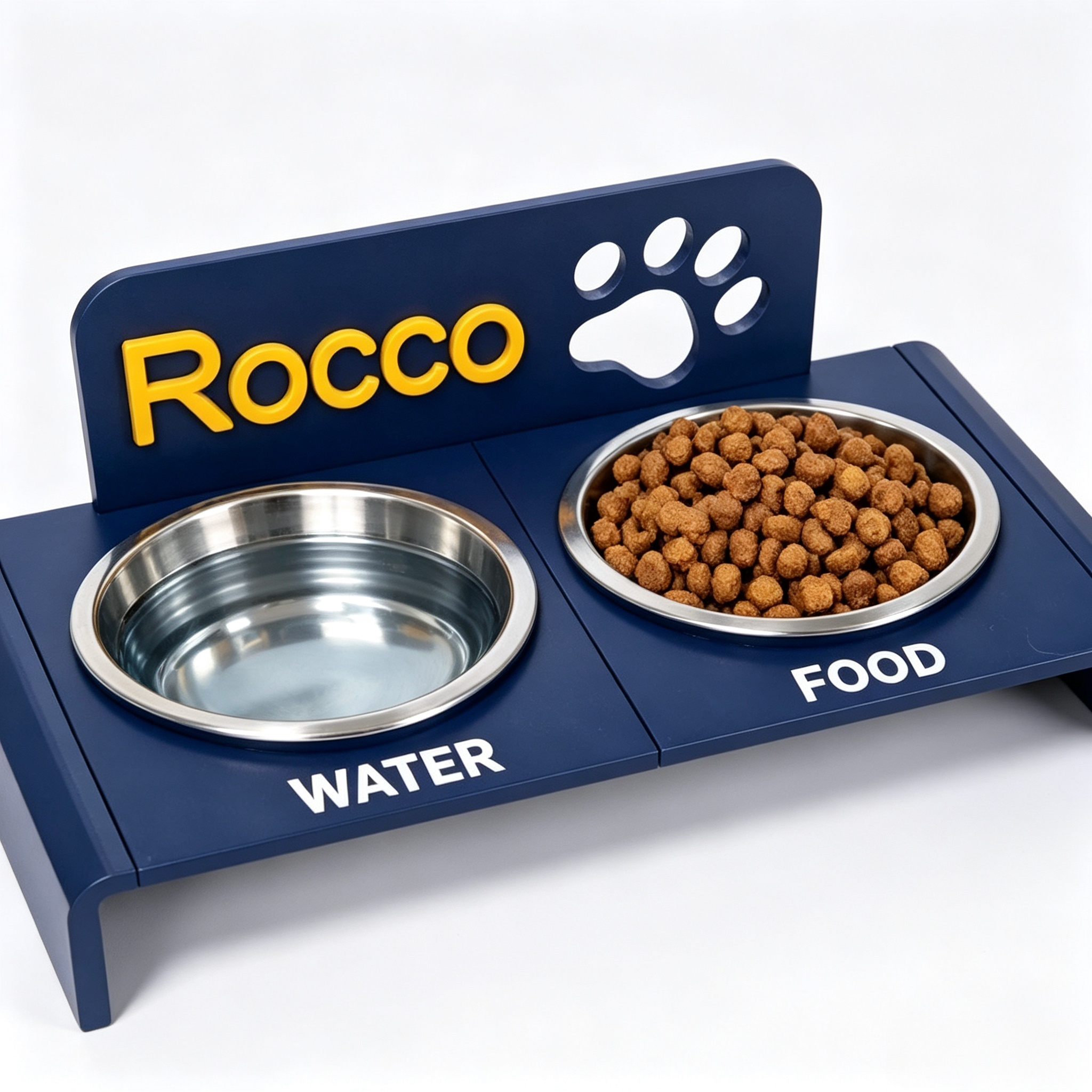 Navy Customized Name Dog Dining Station, 3D printed Pet Accessories Raised Feeding Stand Marked FOOD & WATER