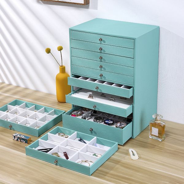 Custom PU Leather Jewelry Organizer Large 10 Layer Jewellery Storage Tray With Drawer