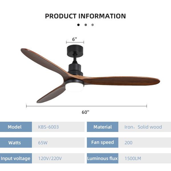 Indoor Remote Control 1500LM Solid Wood Ceiling Fan Light 120V 3000-5000K