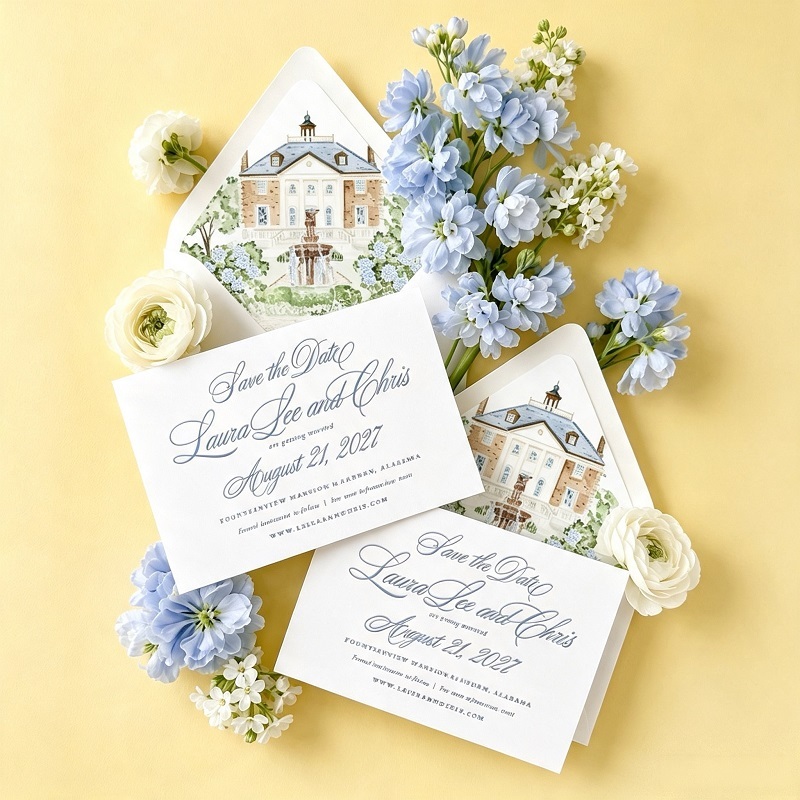 Watercolor Venue Illustration Wedding Invitation Cards Set For Luxury Events