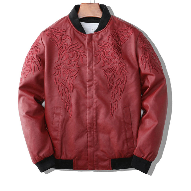 Breathable Winter mens classic leather jackets Floral Patterned Fully Lined