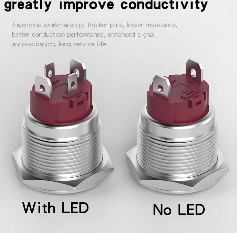 15A High Current Short Style IP65 Alumina Push Button Switch 19mm Self-Locking with LED 1NO 4-Pins with Wire