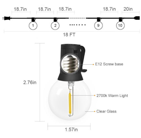 luzes de bulbo do Natal dos bulbos do vintage do bulbo G40 1W da corda do diodo emissor de luz 2700K exteriores