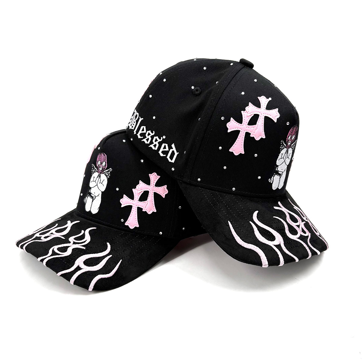 Dragon Ball Hat Gorra Embroider PU Crosses Patch Gamuza Visor Bling Rhinestone Fire Flames On Suede Brim White Shiny