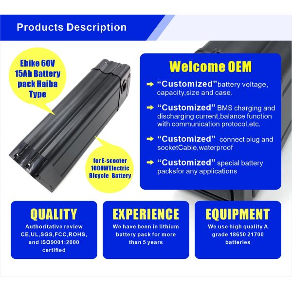 Черный тип аккумулятор для велосипеда 1200 Вт 60 Вт 20 Ач Литийный аккумулятор