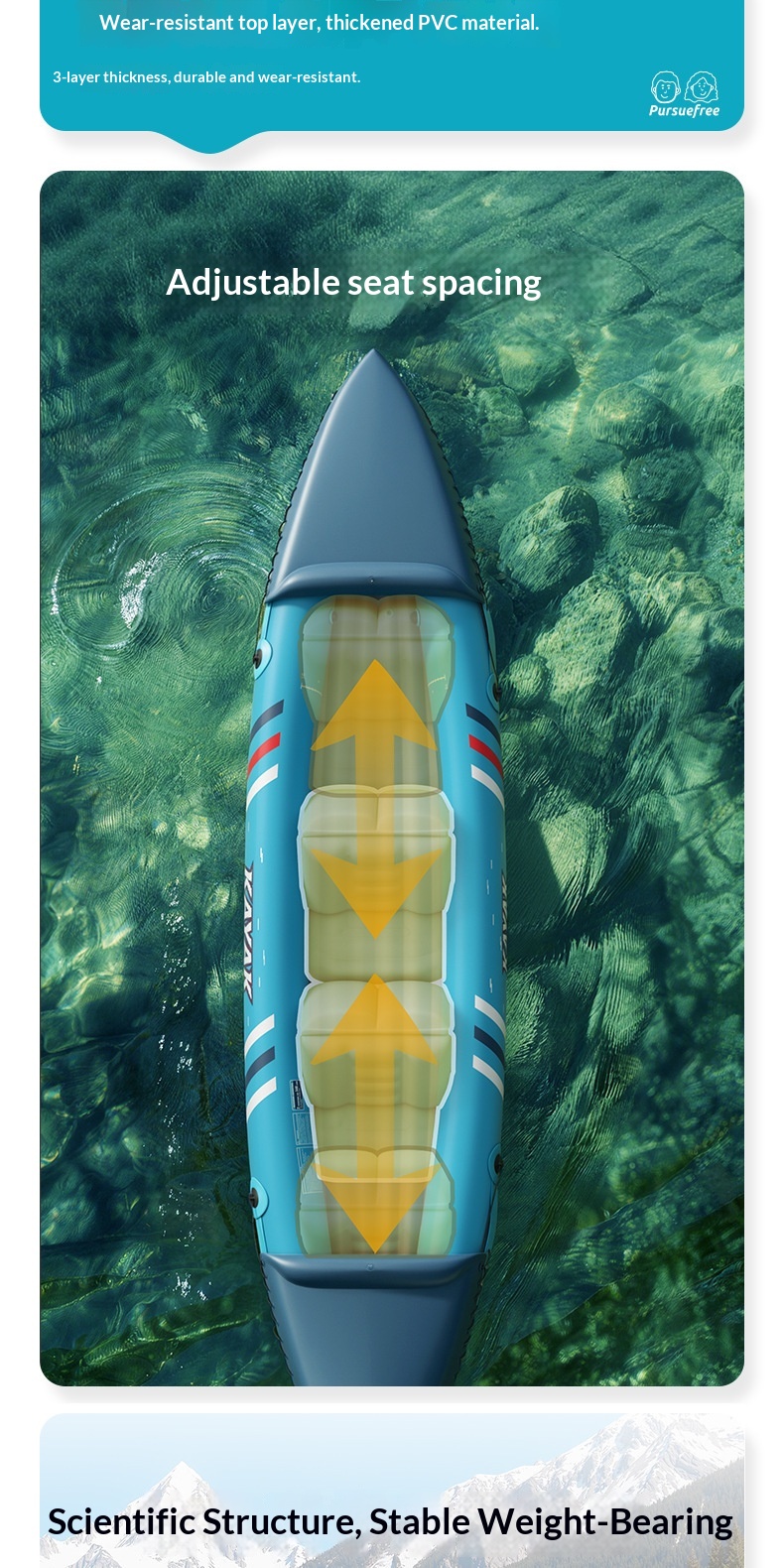 Outdoor Inflatable PVC Kayak for Two People 3.1-4m Length 163kg Capacity Thickened Abrasion-resistant Fishing Adjustable Seats