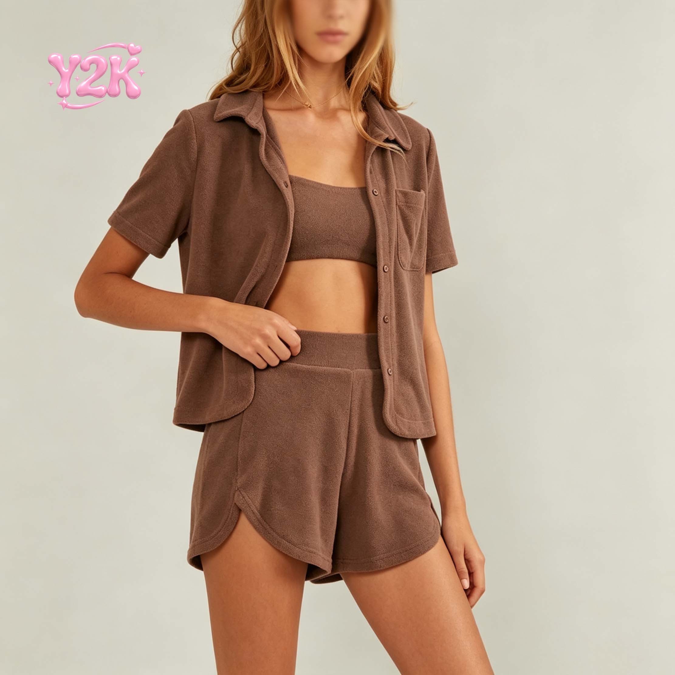 Custom Women's Terry Cloth Shirt & Tank & Shorts 3pc Lounge Set