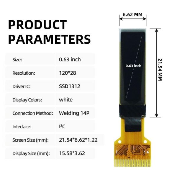 0.63-Inch OLED Display Module with 120x28 Resolution and I2C Interface