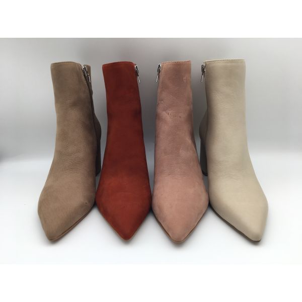 women's pointed toe dress ankle boots，soft cow suede nappa leather with YKK zipper，Solid wood heels with rubber outsole
