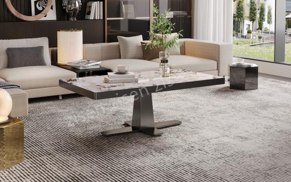 Fusion Cross Frame Marble Ceramic Coffee Table  Stainless Steel Base Exquisite
