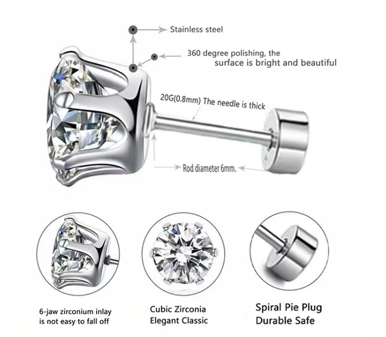 Des boucles d'oreilles en acier titane à aiguille fine en acier inoxydable rond 18k en or plaqué en zircon