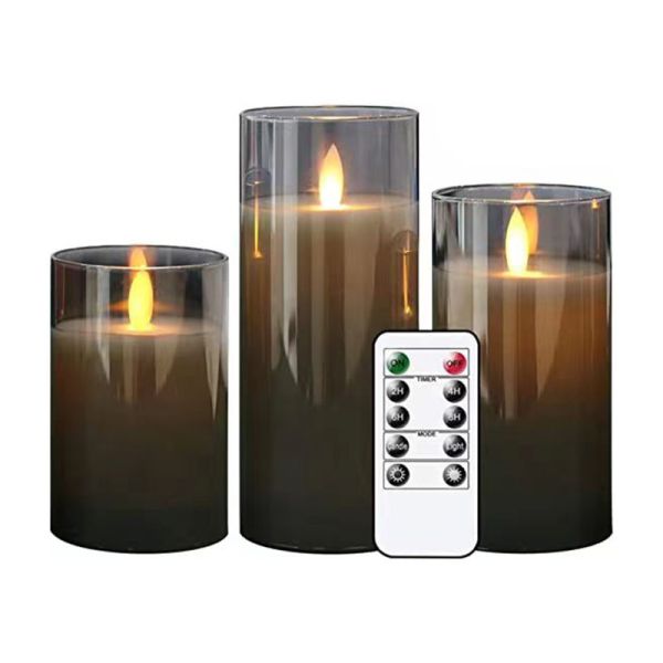 Set of 5 Warm White LED Pillar Candles with Remote Control and Glass Surface for Home Decoration
